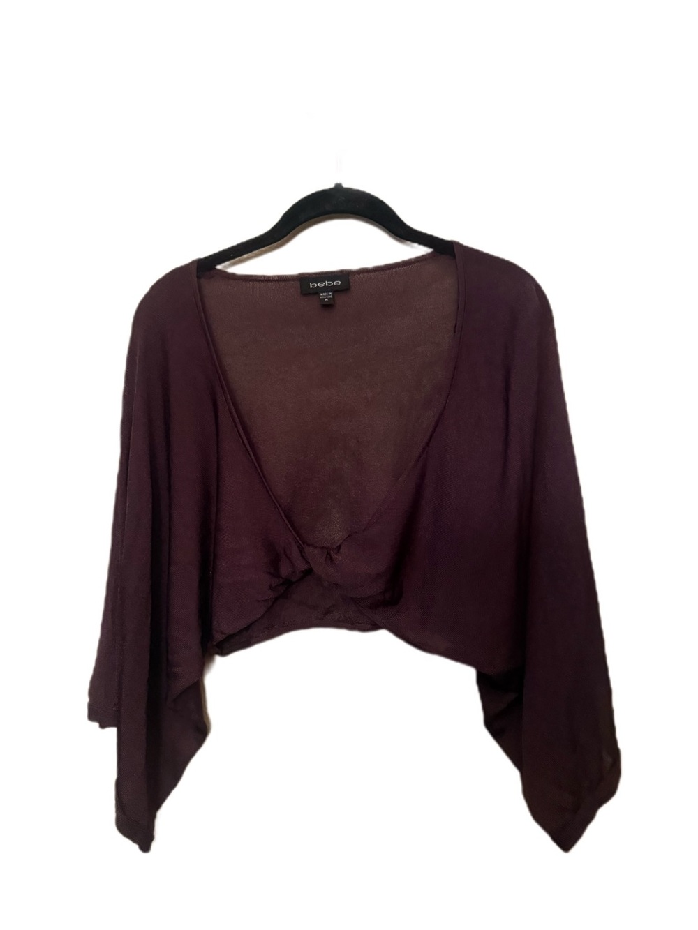 Y2K Bebe Brown Sheer Knit Cropped Wide Sleeve Twist Front Bolero Shrug